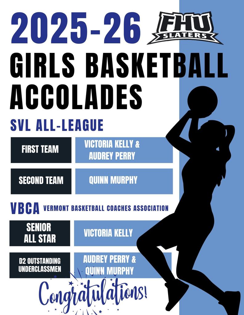 Graphic listing girls basketball accolades for 2025–26, including all-league selections and individual honors for multiple players.