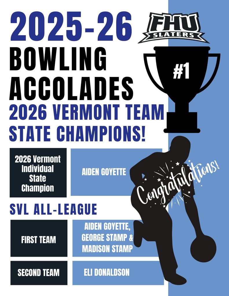 Graphic highlighting bowling achievements, including 2026 Vermont Team State Champions, individual state champion, and all-league selections.
