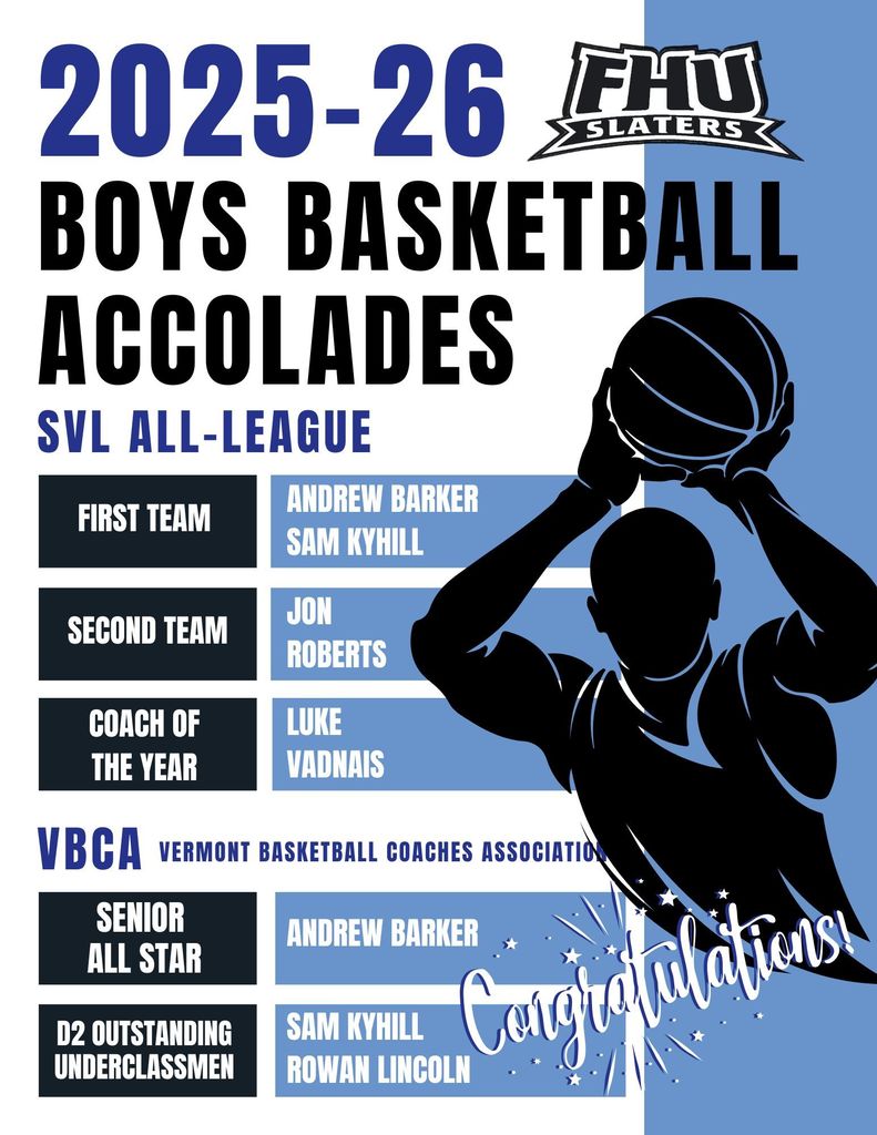 Graphic showing boys basketball accolades for 2025–26, including first and second team all-league players, coach of the year, and individual honors.
