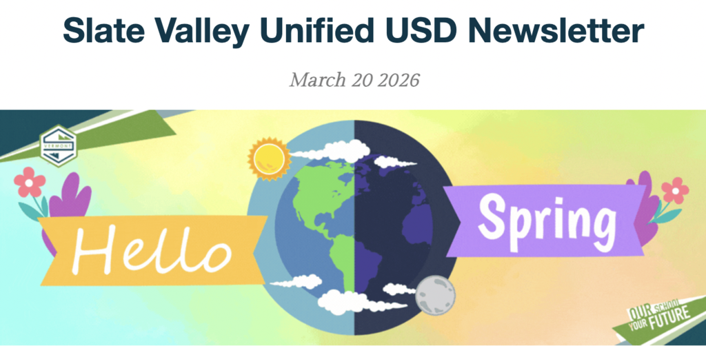 Digital newsletter header for Slate Valley Unified USD dated March 20, 2026, featuring a colorful illustration of Earth split between day and night with the sun, clouds, and moon, and banners reading “Hello Spring.”