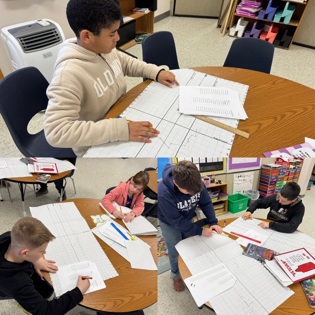 A four-paneled collage showing diverse students and a teacher working together on large coordinate planes spread across classroom tables. In the top-left, a teacher guides a student with a ruler; in other panels, students work independently or in small groups to plot data on the long, white grid sheets. Some students are using yellow highlighters and reference lists to track their progress. The background shows organized classroom cabinets and school supplies.