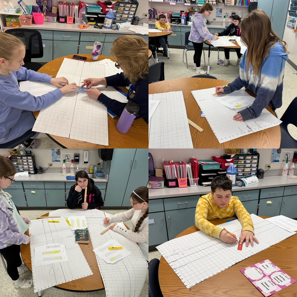 mage 1 Alt Text A four-paneled collage of middle-school-aged students working at round wooden tables in a classroom. The students are focused on a large-scale graphing project using long, oversized sheets of grid paper and rulers. They are referencing data sheets to plot points and draw lines, appearing deeply engaged in a mathematics or science lesson. The classroom setting includes a portable air conditioner, colorful storage bins, and books like "Mountain of Fire."