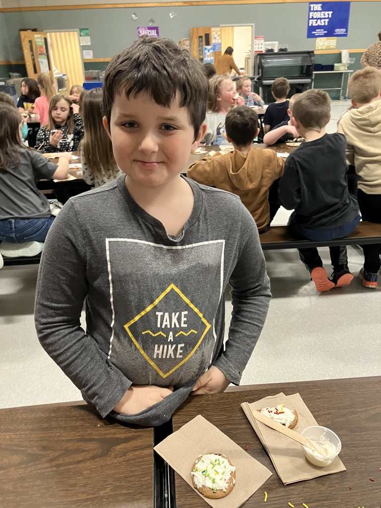  A boy in a grey long-sleeved shirt that says "Take a Hike" stands behind a cafeteria table, smiling proudly. In front of him are two cookies he has decorated: one with white frosting and green sprinkles, and another with white frosting and red and yellow sprinkles.  Photo 8: IMG_3170.jpg A close-up of a young boy with light brown hair and freckles wearing a tan "Aeropostale" hoodie. He has a playful, tight-lipped expression as if he's just taken a bite of a treat. Other children and an adult in a patterned dress are visible in the background of the gymnasium. 