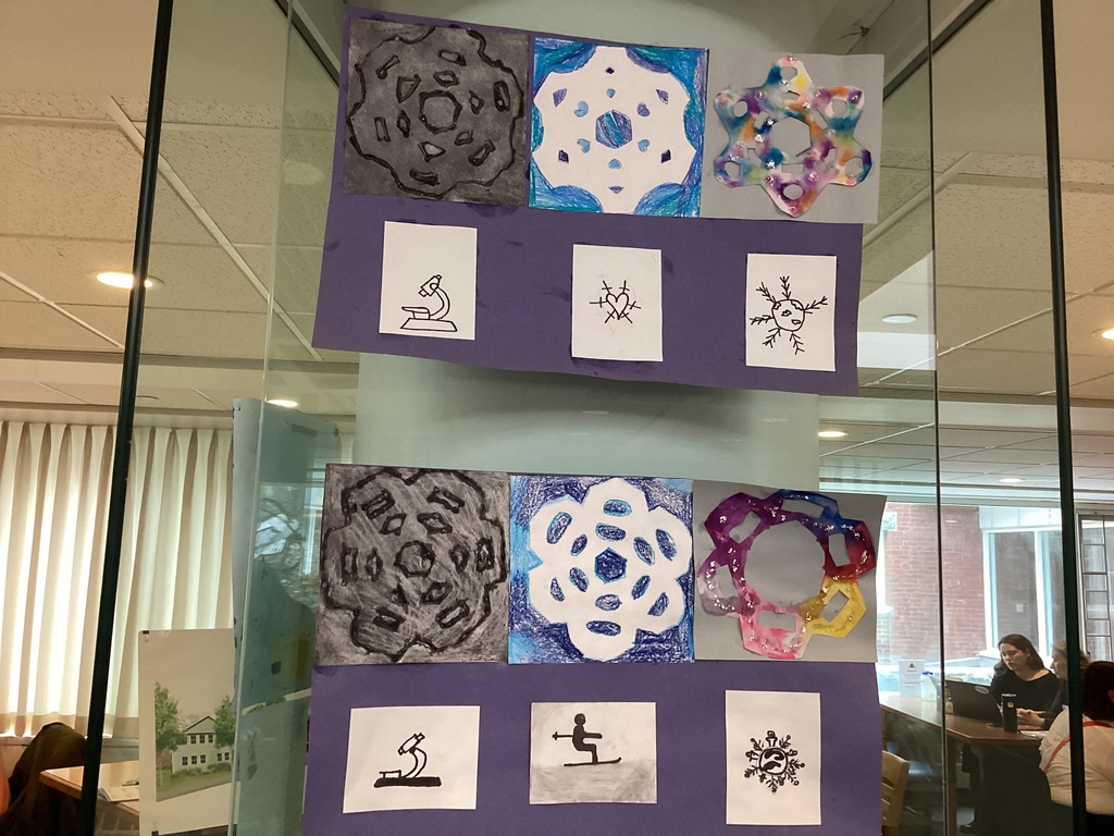 Display board featuring student snowflake artwork in various colors and designs, with small sketches below each piece.
