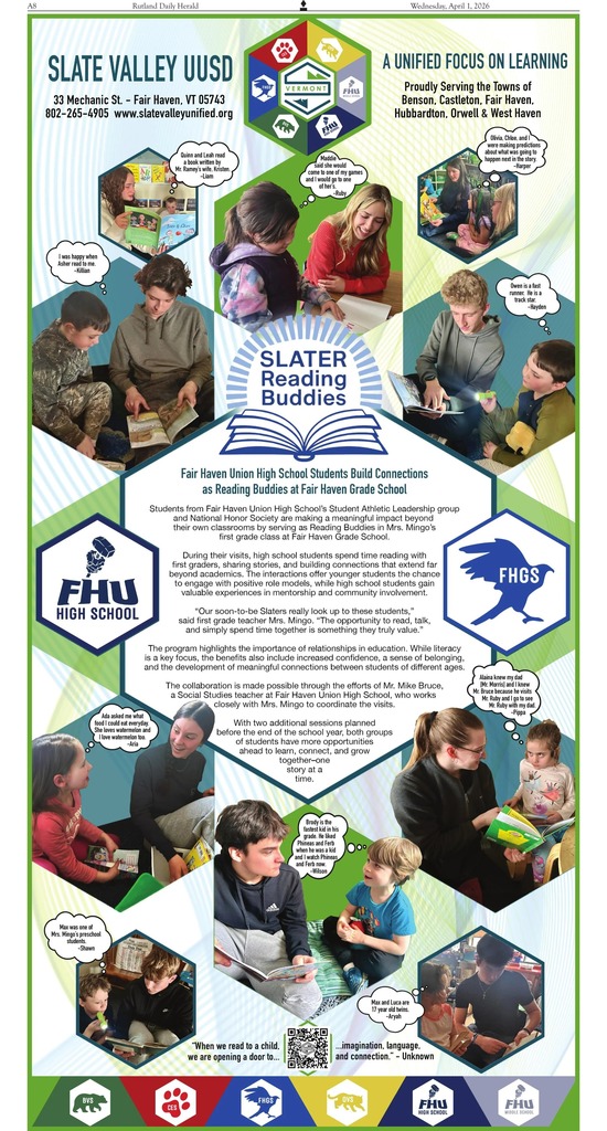 A newspaper-style poster from Slate Valley UUSD titled “SLATER Reading Buddies” highlights high school students partnering with younger students at Fair Haven Grade School to read together, featuring photos, student quotes, and a description of the mentorship program.