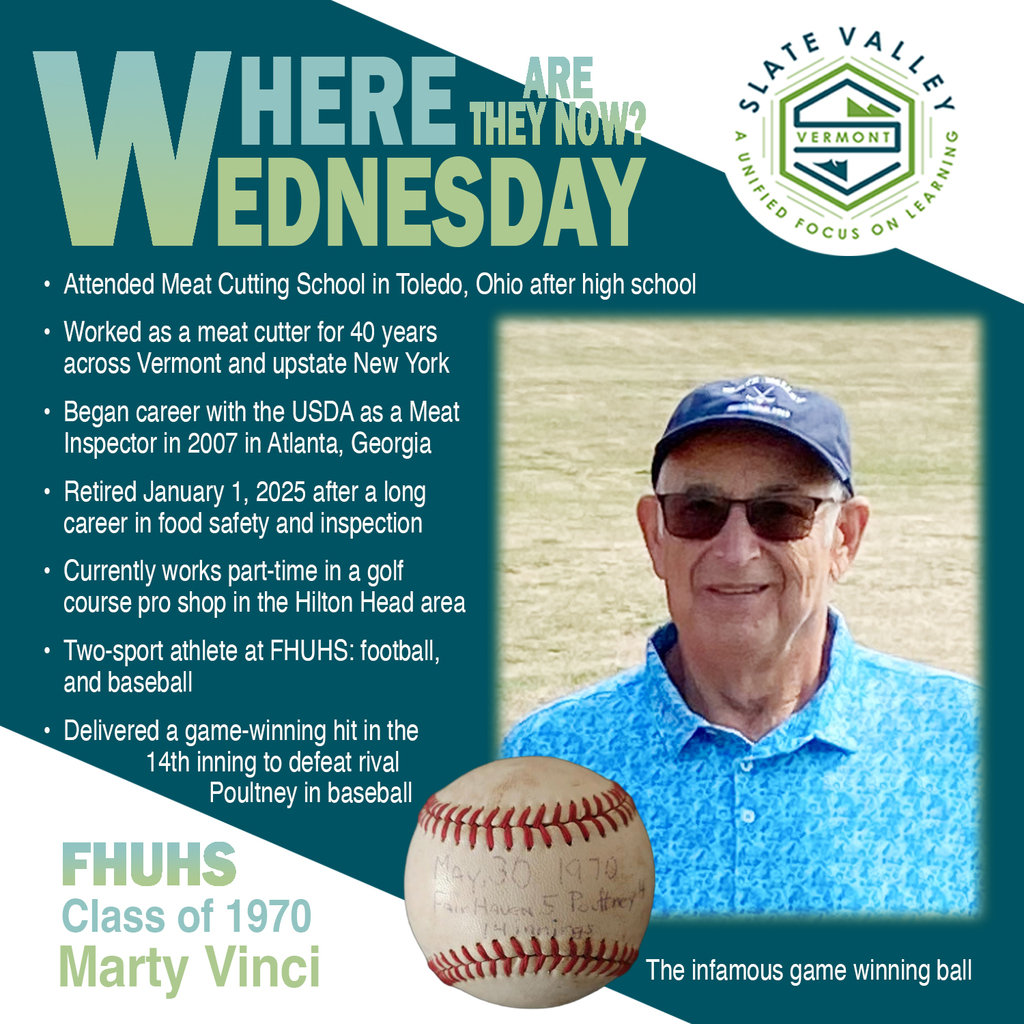 Graphic titled “Where Are They Now Wednesday” featuring FH Union High School Class of 1970 alumnus Marty Vinci, with a photo of him and text highlighting his career as a meat cutter and USDA inspector, his retirement in 2025, and his current work at a golf course, along with a baseball representing a game-winning hit.