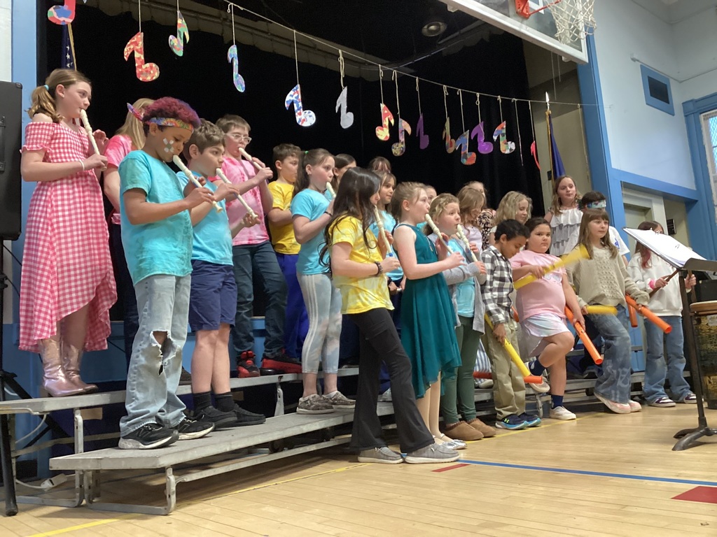 Students play recorders and percussion instruments on risers during a music performance.