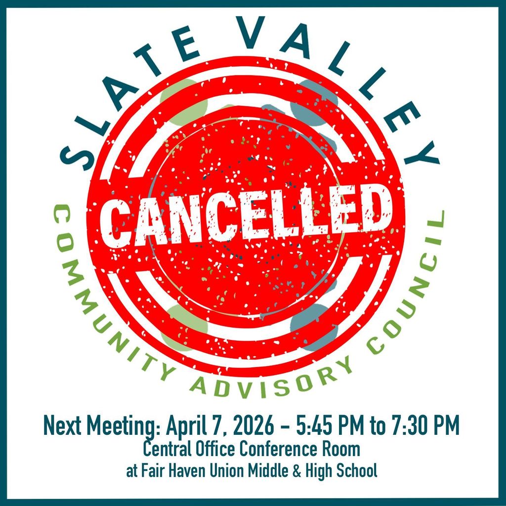 Graphic with a red “Canceled” stamp over the Slate Valley Community Advisory Council logo. Text below lists meeting details including date, time, and location at Fair Haven Union Middle & High School.
