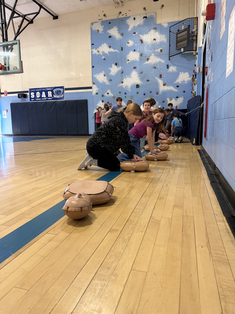 Students line up across the gym floor practicing chest compressions on CPR mannequins during a group safety training session.