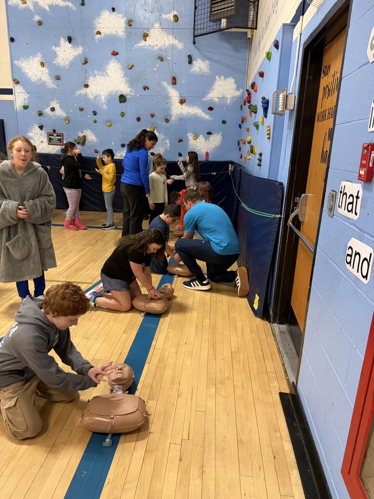 Several students practice CPR on training mannequins lined up along the gym wall as instructors guide the lesson near an indoor climbing wall.