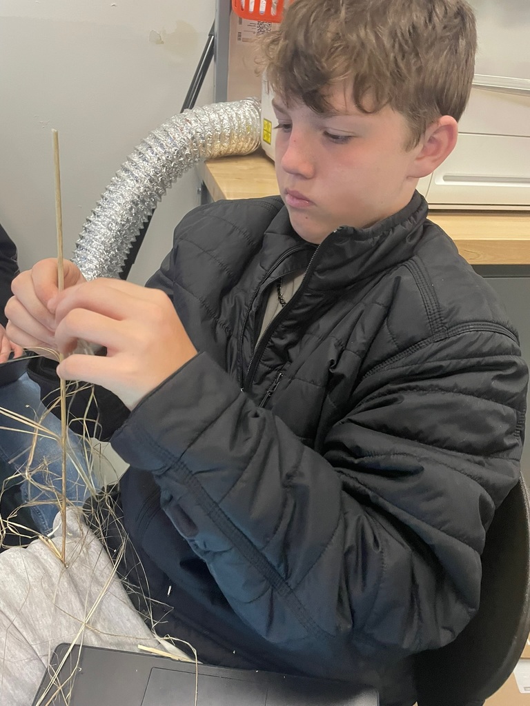 Student concentrating while twisting thin plant fibers together to form cordage at a classroom table.