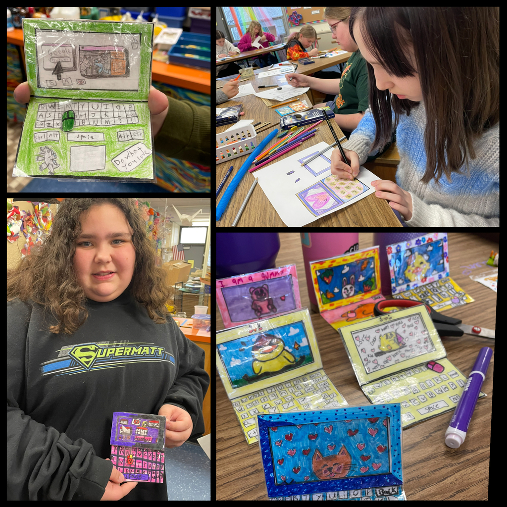 Students design and color small paper “laptop” creations with detailed screens and keyboards, showing both the drawing process and completed colorful designs.