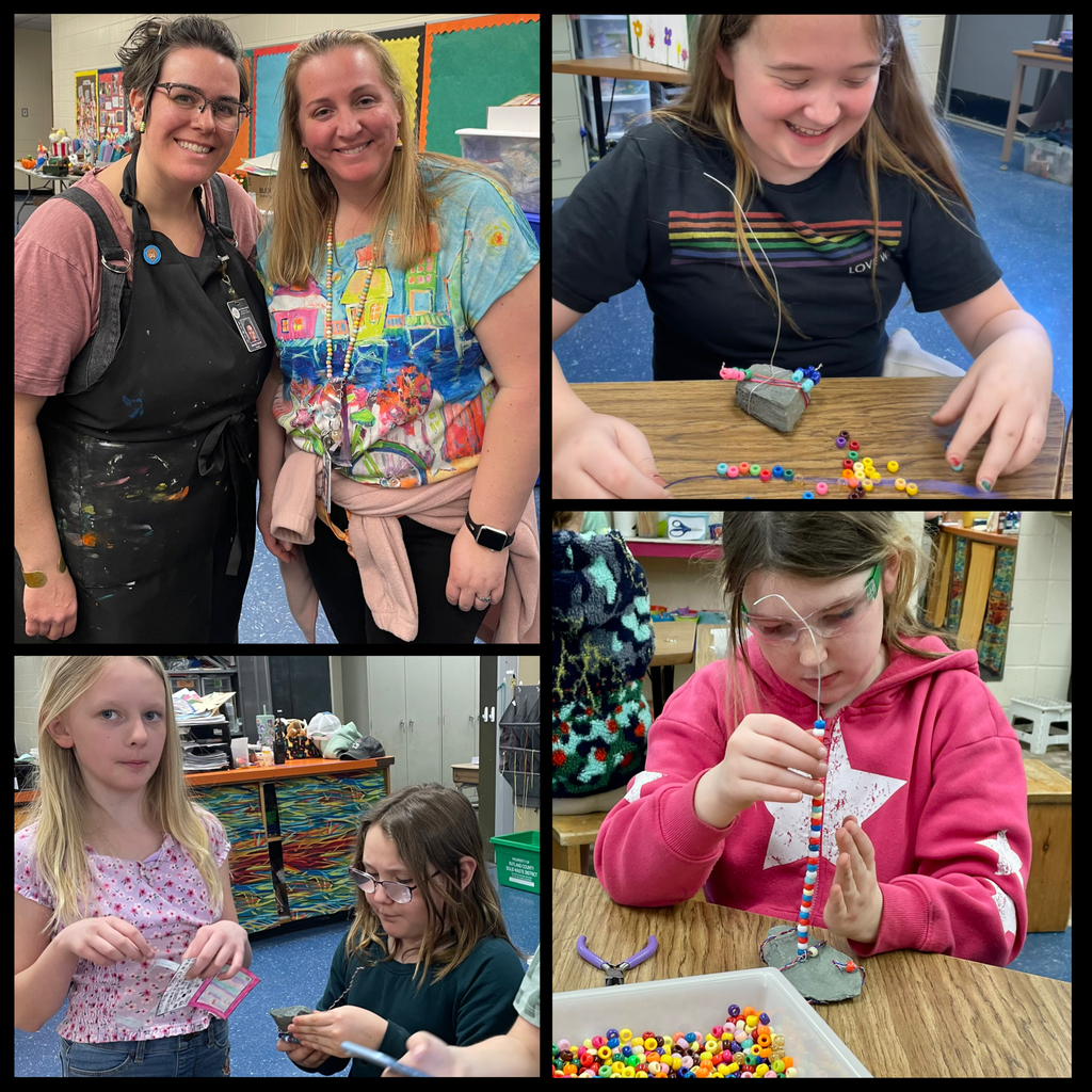 Students and teachers in an art classroom create beaded jewelry; students string colorful beads while smiling, and two teachers pose together in the classroom.