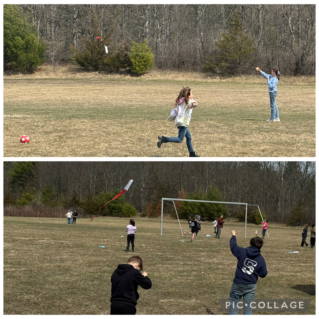 Large Field Activities Top Photo: A young girl in a tie-dye hoodie runs across a dry, grassy field while flying a small white kite with a long red ribbon tail. Another girl stands in the distance holding the kite string reel.  Bottom Photo: A group of children and adults gathered on a field near a soccer goal. Several children are actively flying kites, including one kite with a long red streamer soaring high in the air. 