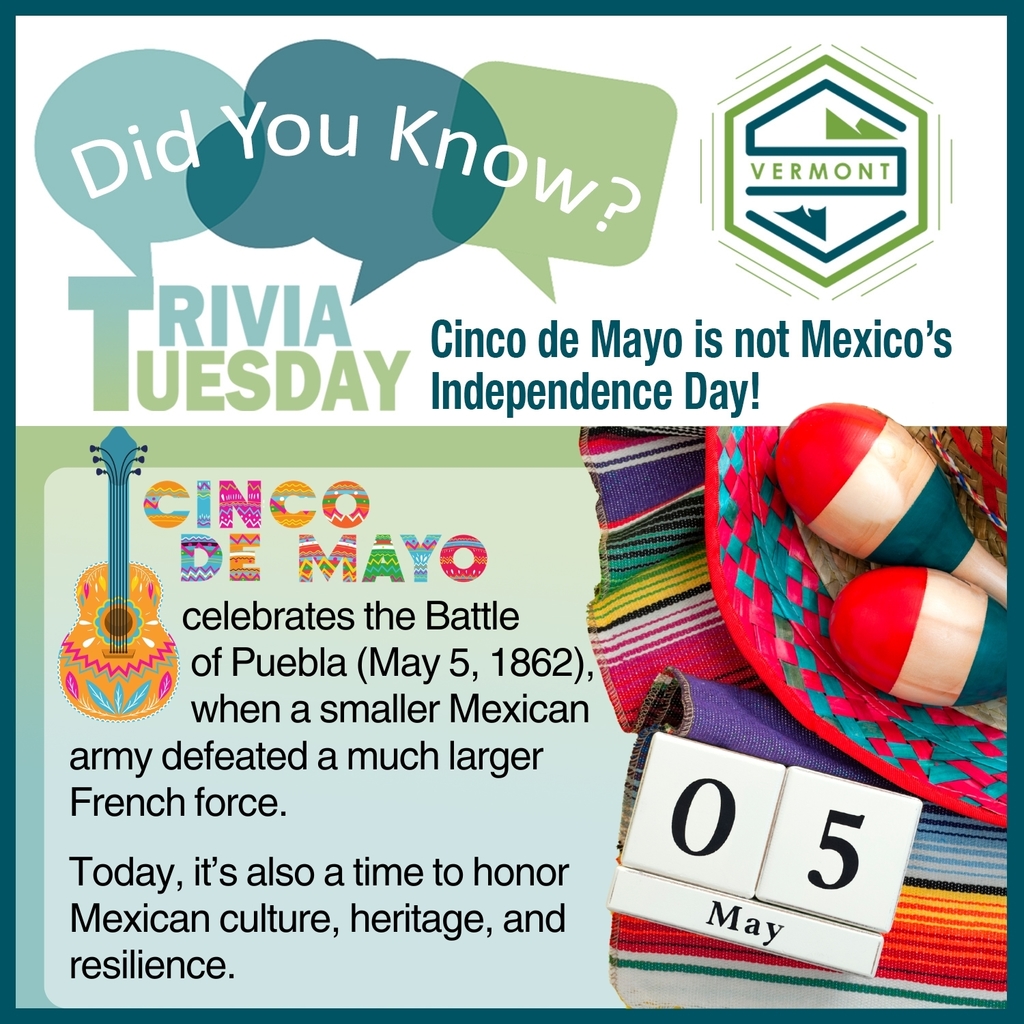 Graphic titled “Trivia Tuesday: Did You Know?” with Slate Valley branding. Text explains that Cinco de Mayo is not Mexico’s Independence Day, but instead commemorates the Battle of Puebla on May 5, 1862, when a smaller Mexican army defeated a larger French force. The graphic includes colorful elements such as a guitar illustration, festive “Cinco de Mayo” text, and a photo of a sombrero and calendar showing May 5 on a bright patterned textile background.