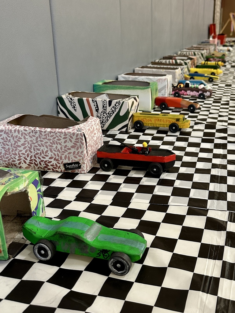 A long table displays numerous handmade pinewood derby cars and decorated boxes lined up in rows.