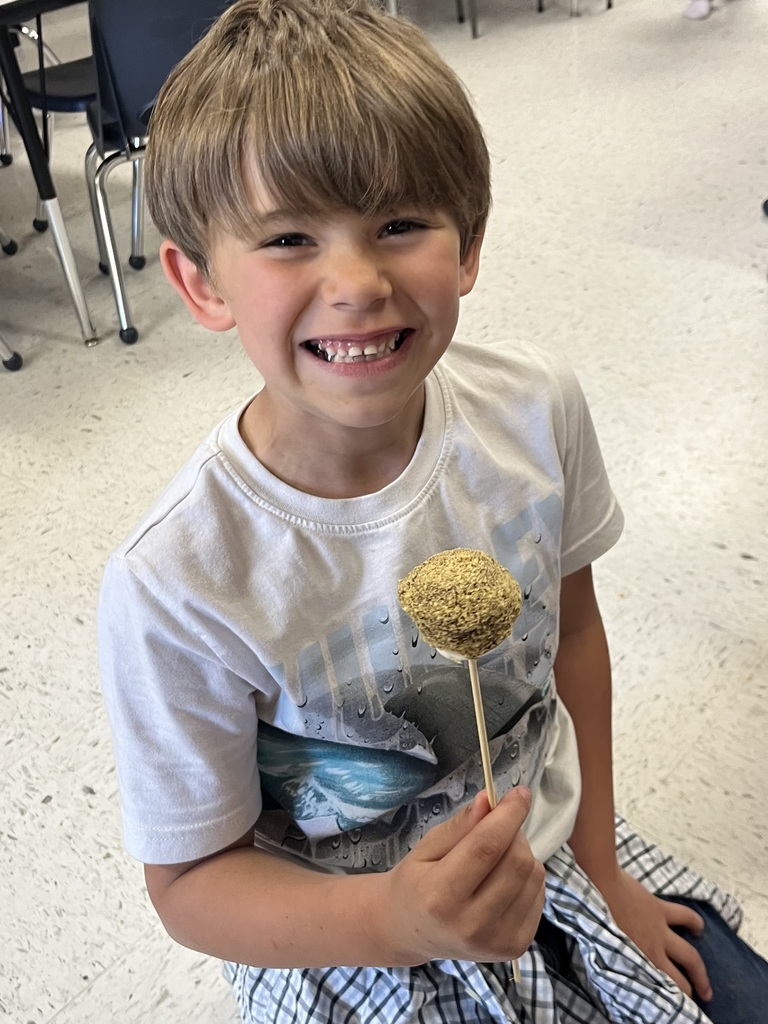  A young boy in a blue Adidas shirt smiling widely while holding a s'more on a stick. He has a bit of chocolate on his teeth from taking a bite. 