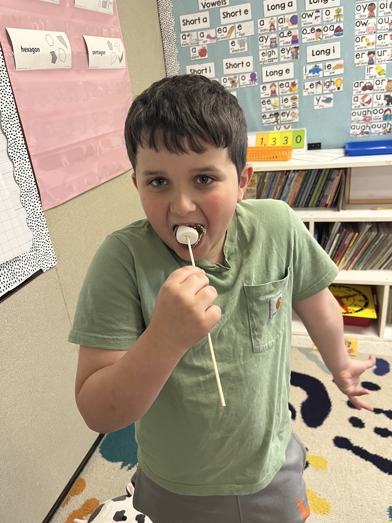 : A young boy wearing a green t-shirt with a dinosaur print taking a bite of a s'more on a stick.  