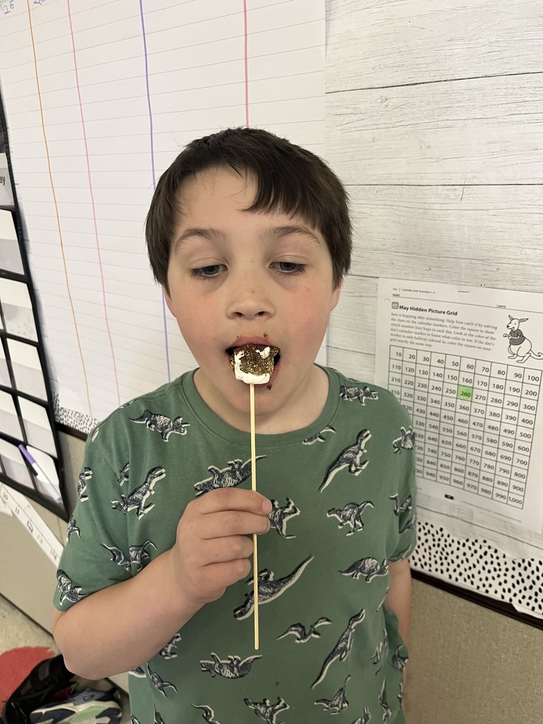  A young boy wearing a green t-shirt with a dinosaur print taking a bite of a s'more on a stick. 