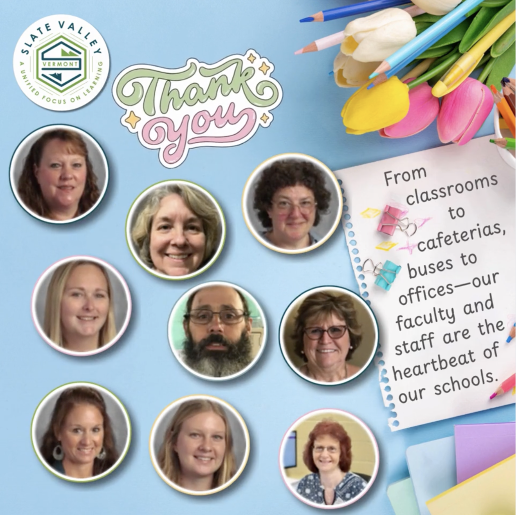 Collage-style graphic with a light blue background featuring photos of several faculty and staff members in circular frames. Decorative elements include colored pencils, tulips, and paper clips. Text reads “Thank you” and a note says, “From classrooms to cafeterias, buses to offices—our faculty and staff are the heartbeat of our schools.”
