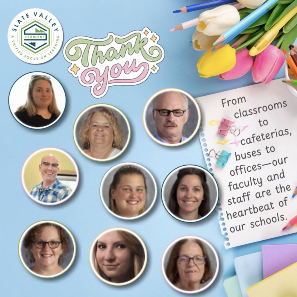 Collage-style graphic with a light blue background featuring photos of several faculty and staff members in circular frames. Decorative elements include colored pencils, tulips, and paper clips. Text reads “Thank you” and a note says, “From classrooms to cafeterias, buses to offices—our faculty and staff are the heartbeat of our schools.”