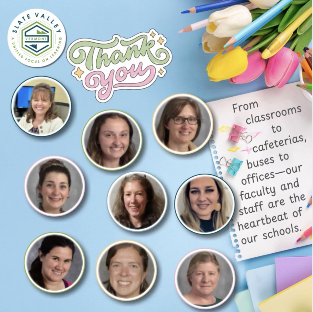 Collage-style graphic with a light blue background featuring photos of several faculty and staff members in circular frames. Decorative elements include colored pencils, tulips, and paper clips. Text reads “Thank you” and a note says, “From classrooms to cafeterias, buses to offices—our faculty and staff are the heartbeat of our schools.”