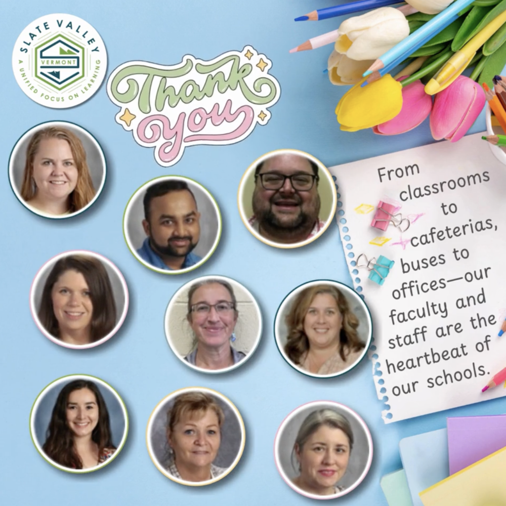 Collage-style graphic with a light blue background featuring photos of several faculty and staff members in circular frames. Decorative elements include colored pencils, tulips, and paper clips. Text reads “Thank you” and a note says, “From classrooms to cafeterias, buses to offices—our faculty and staff are the heartbeat of our schools.”