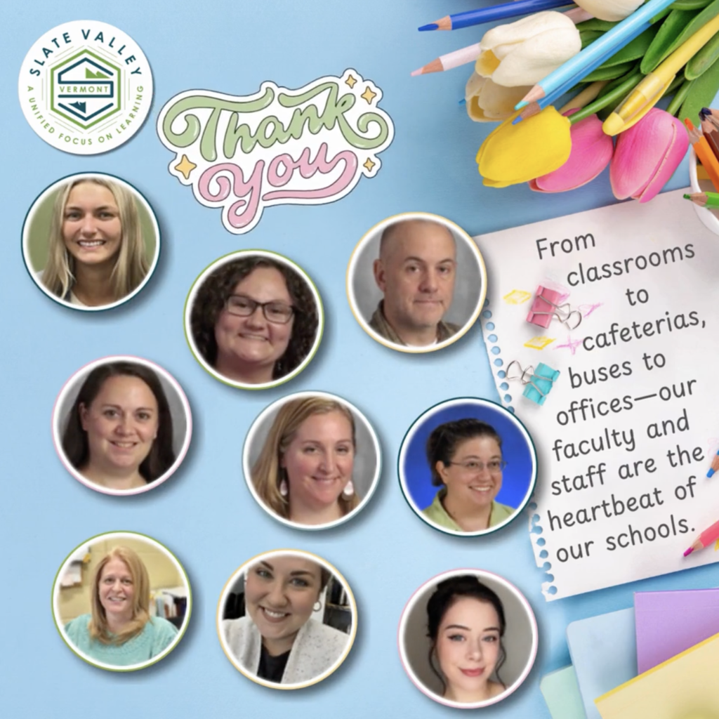 Collage-style graphic with a light blue background featuring photos of several faculty and staff members in circular frames. Decorative elements include colored pencils, tulips, and paper clips. Text reads “Thank you” and a note says, “From classrooms to cafeterias, buses to offices—our faculty and staff are the heartbeat of our schools.”
