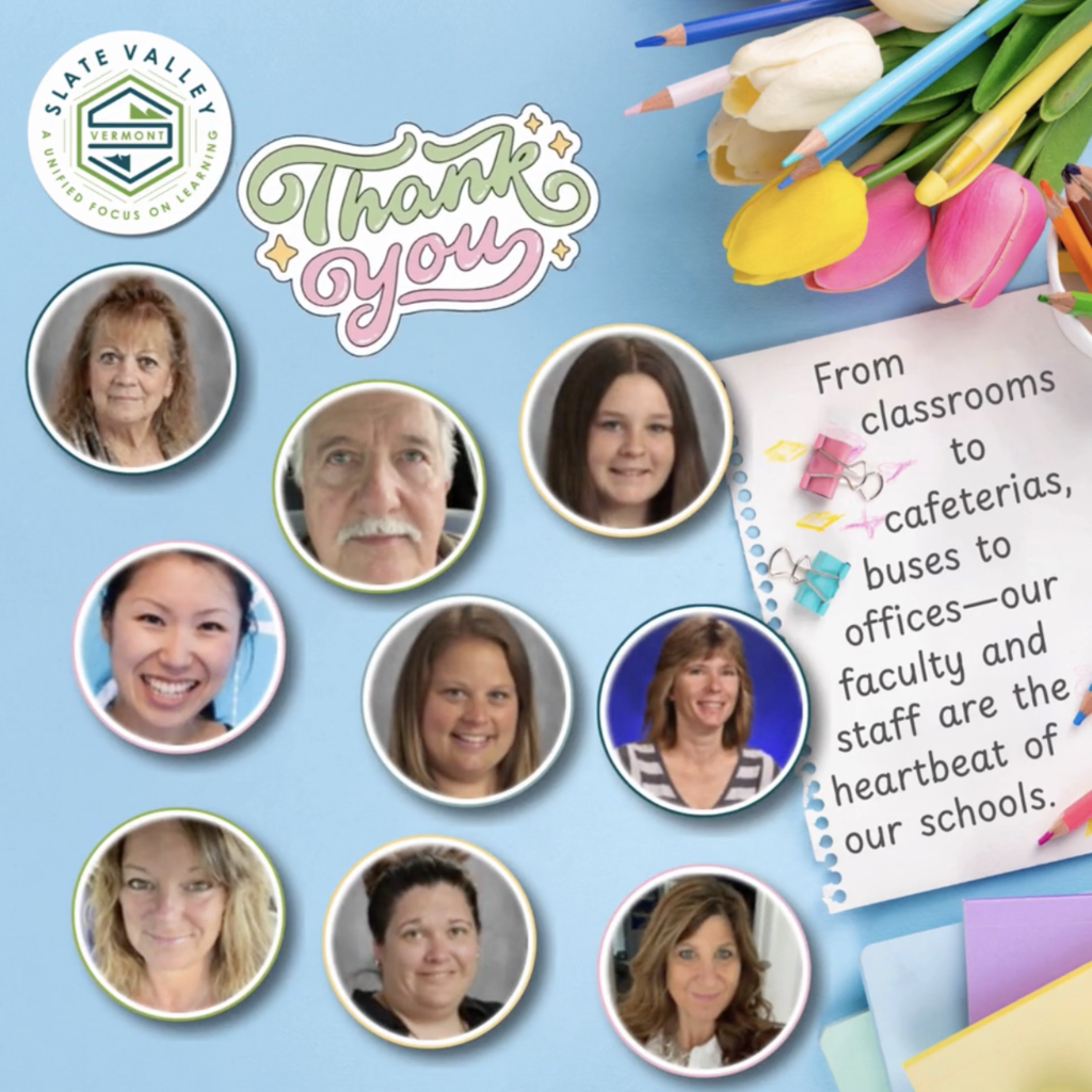 Collage-style graphic with a light blue background featuring photos of several faculty and staff members in circular frames. Decorative elements include colored pencils, tulips, and paper clips. Text reads “Thank you” and a note says, “From classrooms to cafeterias, buses to offices—our faculty and staff are the heartbeat of our schools.”