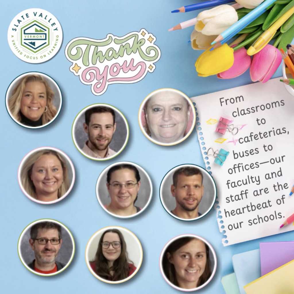 Collage-style graphic with a light blue background featuring photos of several faculty and staff members in circular frames. Decorative elements include colored pencils, tulips, and paper clips. Text reads “Thank you” and a note says, “From classrooms to cafeterias, buses to offices—our faculty and staff are the heartbeat of our schools.”
