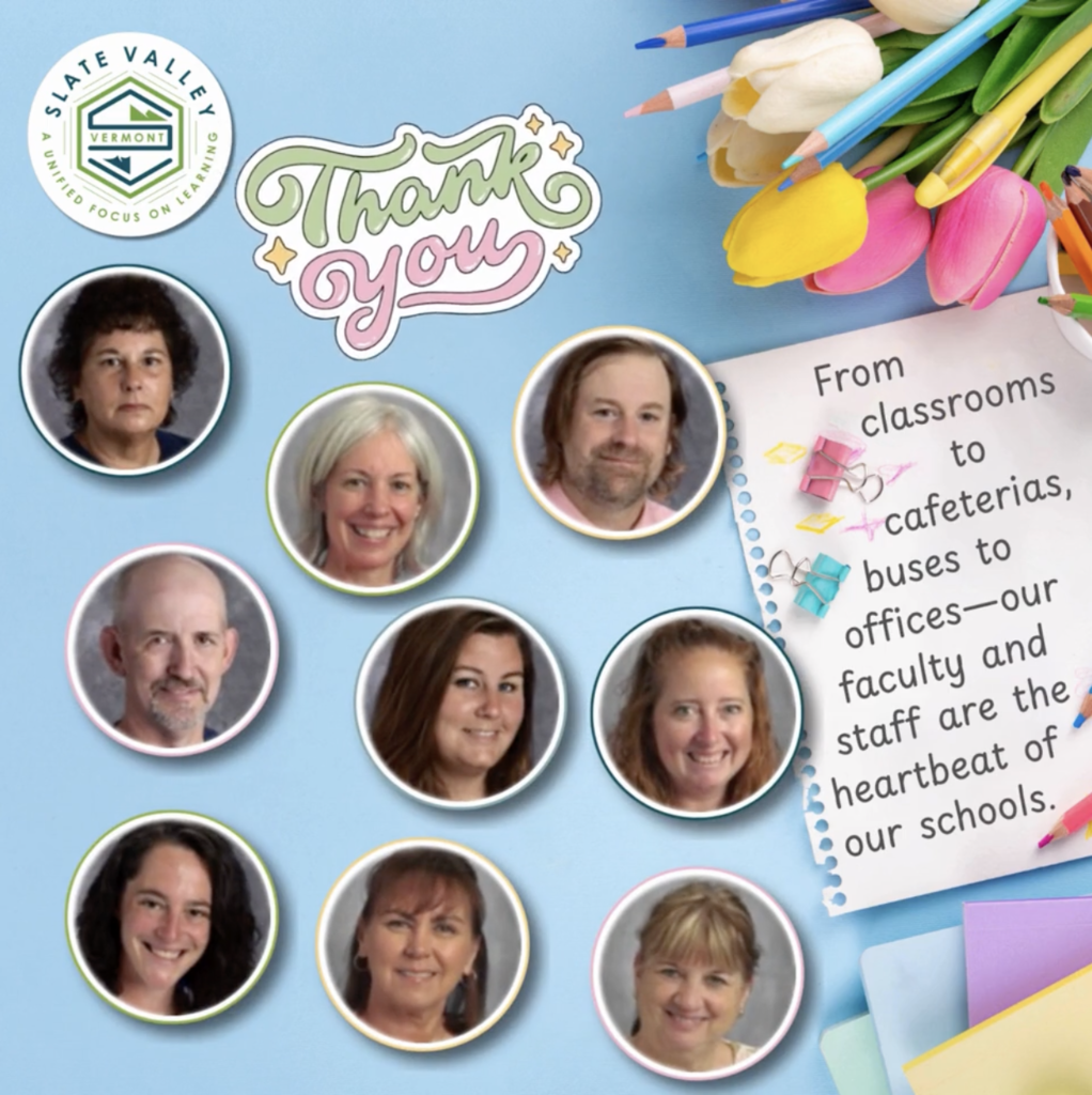 Collage-style graphic with a light blue background featuring photos of several faculty and staff members in circular frames. Decorative elements include colored pencils, tulips, and paper clips. Text reads “Thank you” and a note says, “From classrooms to cafeterias, buses to offices—our faculty and staff are the heartbeat of our schools.”