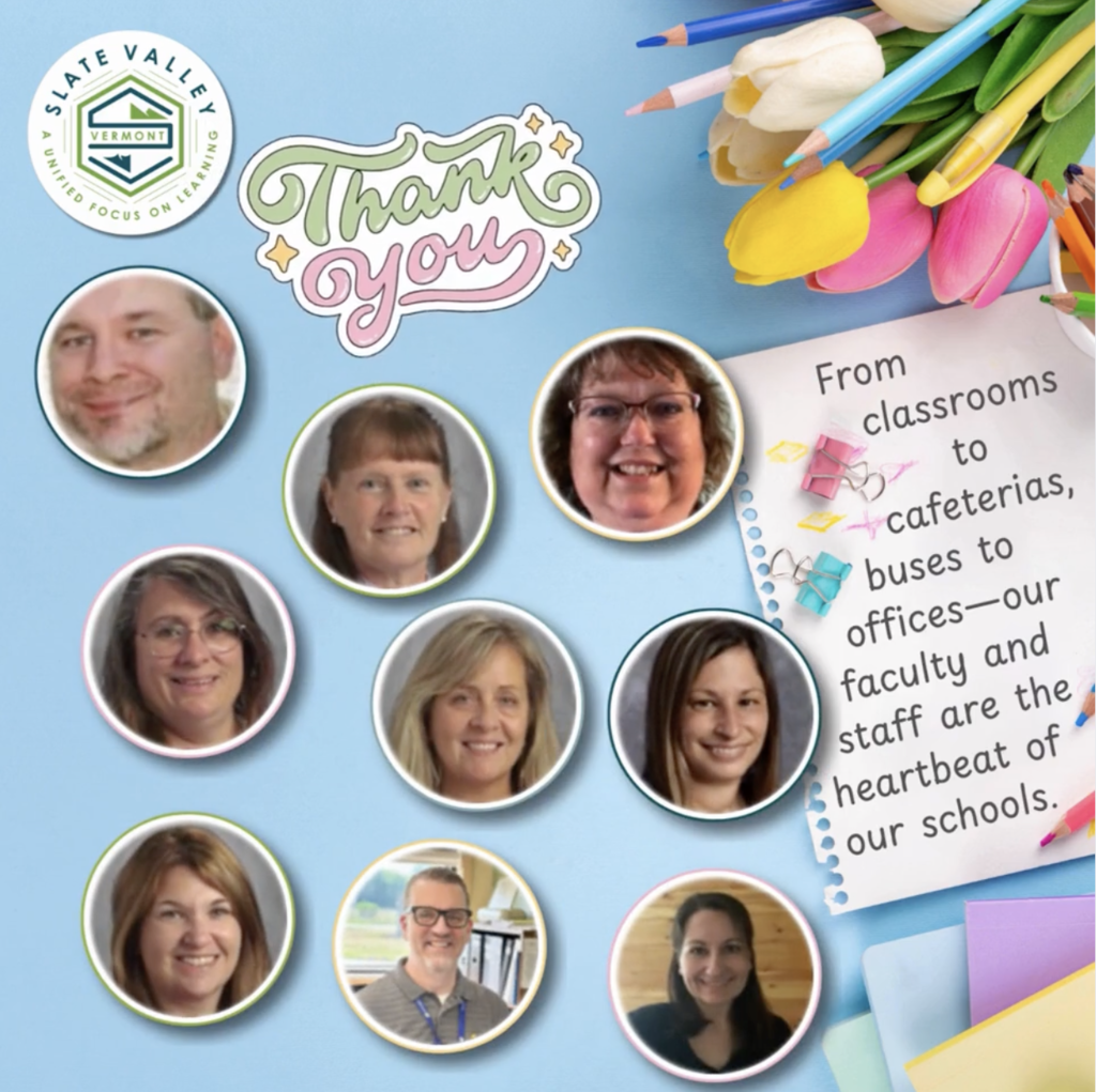 Collage-style graphic with a light blue background featuring photos of several faculty and staff members in circular frames. Decorative elements include colored pencils, tulips, and paper clips. Text reads “Thank you” and a note says, “From classrooms to cafeterias, buses to offices—our faculty and staff are the heartbeat of our schools.”