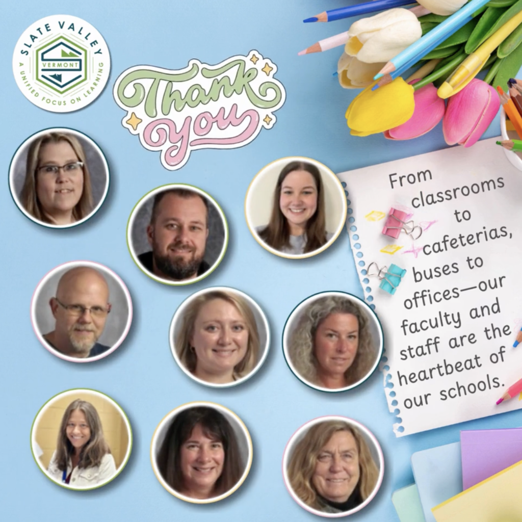 Collage-style graphic with a light blue background featuring photos of several faculty and staff members in circular frames. Decorative elements include colored pencils, tulips, and paper clips. Text reads “Thank you” and a note says, “From classrooms to cafeterias, buses to offices—our faculty and staff are the heartbeat of our schools.”