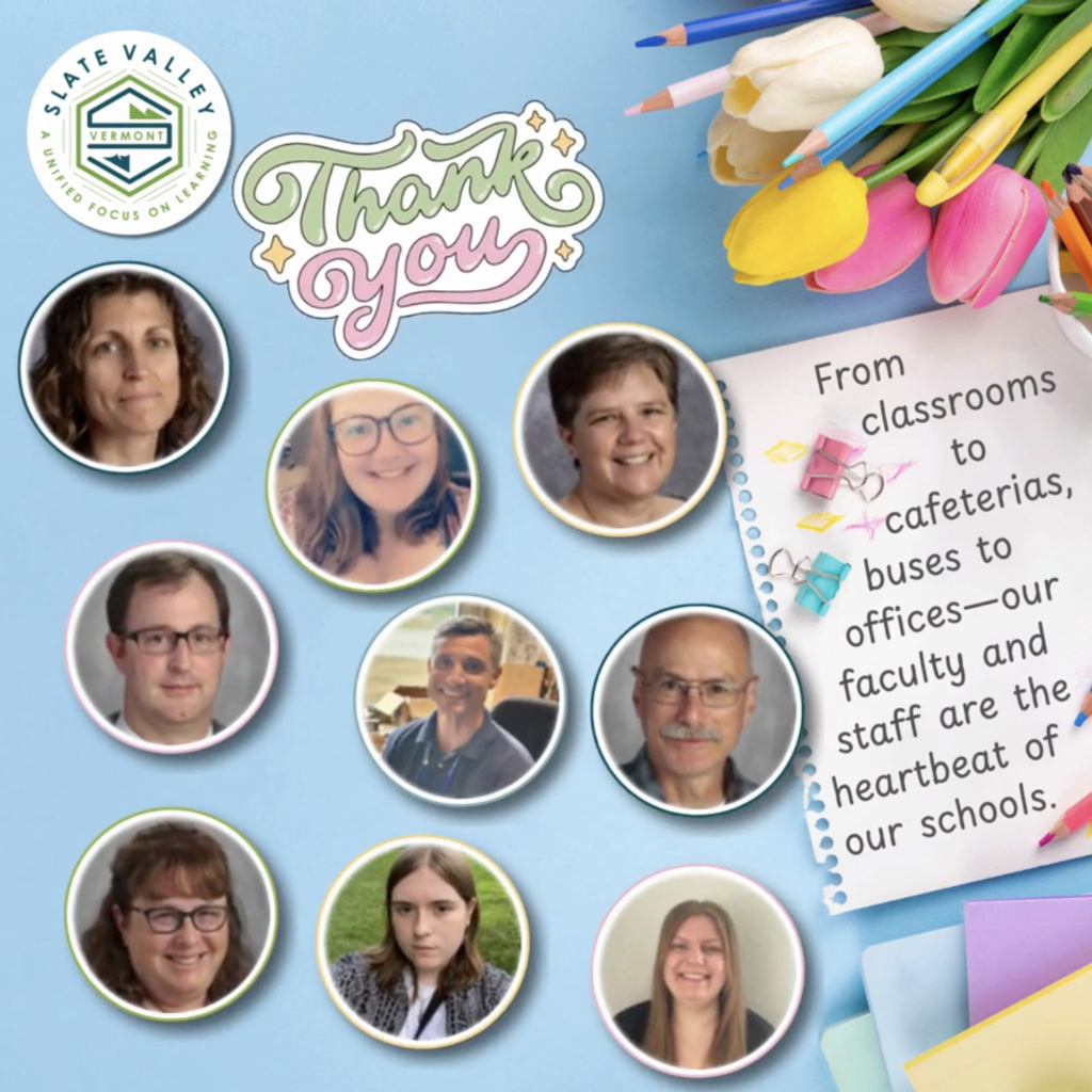Collage-style graphic with a light blue background featuring photos of several faculty and staff members in circular frames. Decorative elements include colored pencils, tulips, and paper clips. Text reads “Thank you” and a note says, “From classrooms to cafeterias, buses to offices—our faculty and staff are the heartbeat of our schools.”