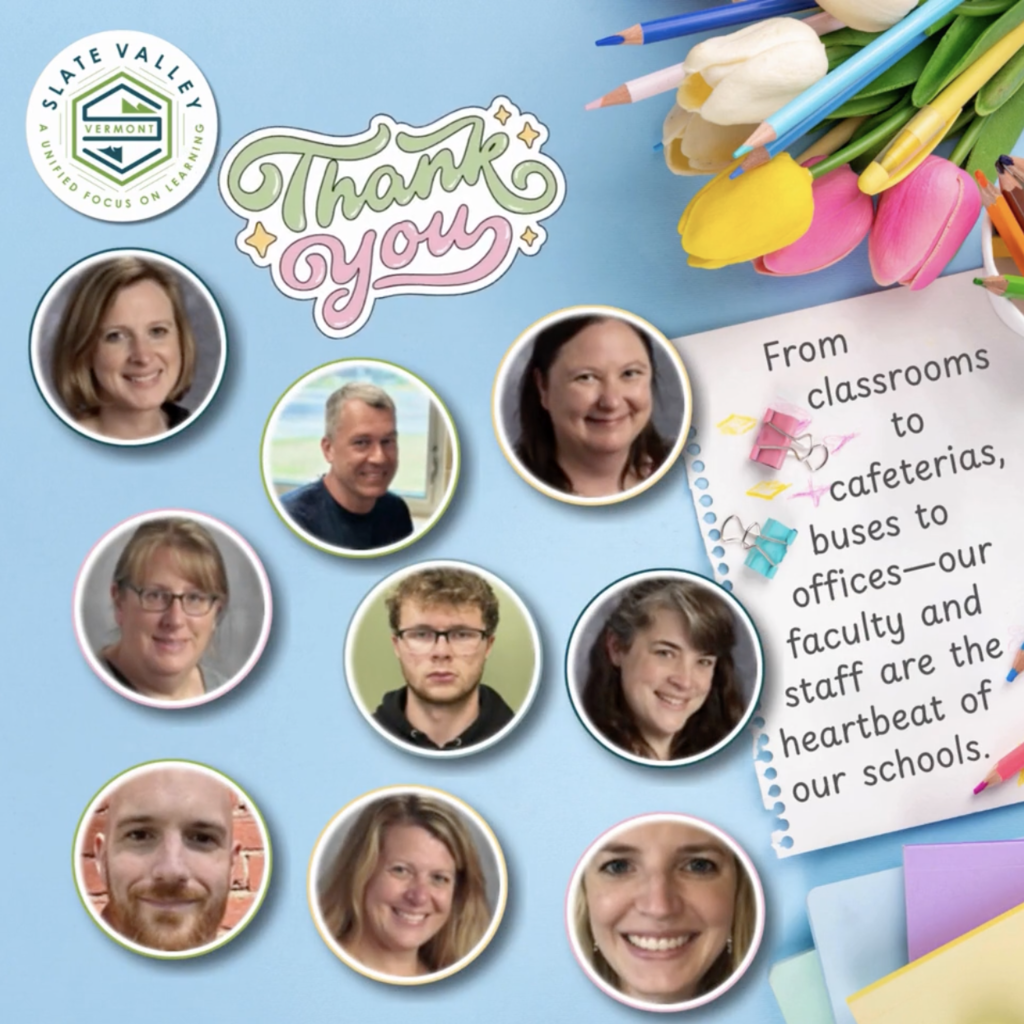 Collage-style graphic with a light blue background featuring photos of several faculty and staff members in circular frames. Decorative elements include colored pencils, tulips, and paper clips. Text reads “Thank you” and a note says, “From classrooms to cafeterias, buses to offices—our faculty and staff are the heartbeat of our schools.”