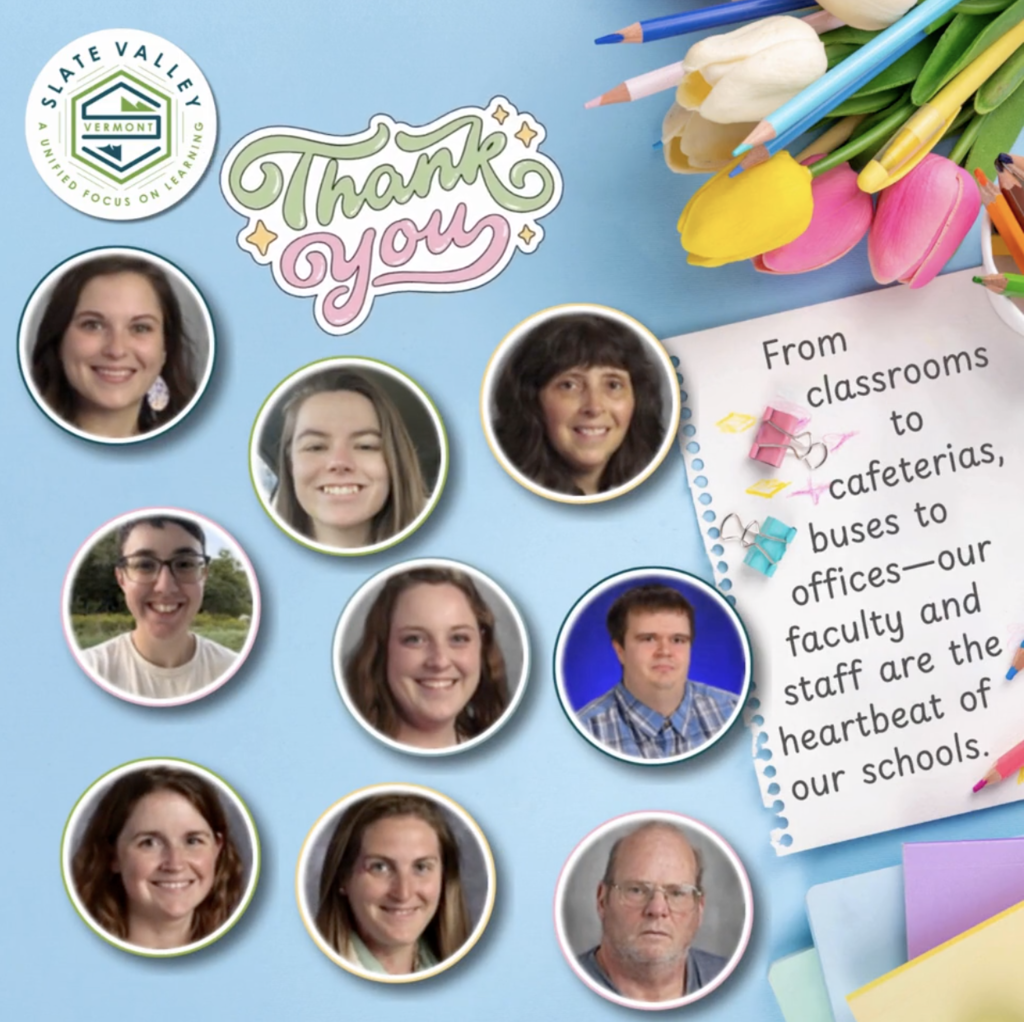 Collage-style graphic with a light blue background featuring photos of several faculty and staff members in circular frames. Decorative elements include colored pencils, tulips, and paper clips. Text reads “Thank you” and a note says, “From classrooms to cafeterias, buses to offices—our faculty and staff are the heartbeat of our schools.”