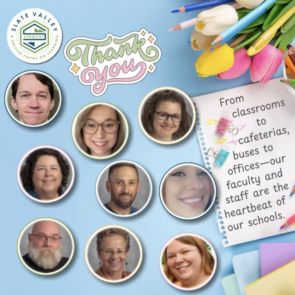 Collage-style graphic with a light blue background featuring photos of several faculty and staff members in circular frames. Decorative elements include colored pencils, tulips, and paper clips. Text reads “Thank you” and a note says, “From classrooms to cafeterias, buses to offices—our faculty and staff are the heartbeat of our schools.”