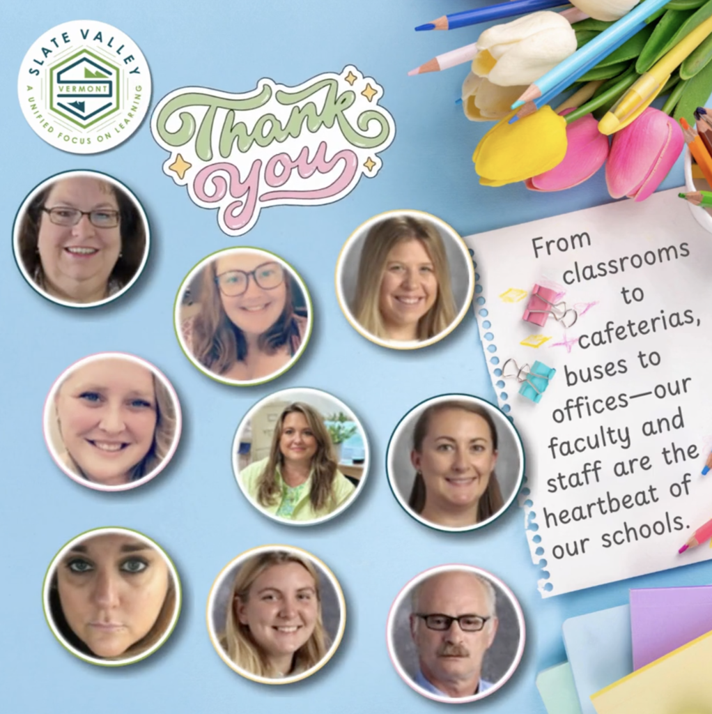 Collage-style graphic with a light blue background featuring photos of several faculty and staff members in circular frames. Decorative elements include colored pencils, tulips, and paper clips. Text reads “Thank you” and a note says, “From classrooms to cafeterias, buses to offices—our faculty and staff are the heartbeat of our schools.”