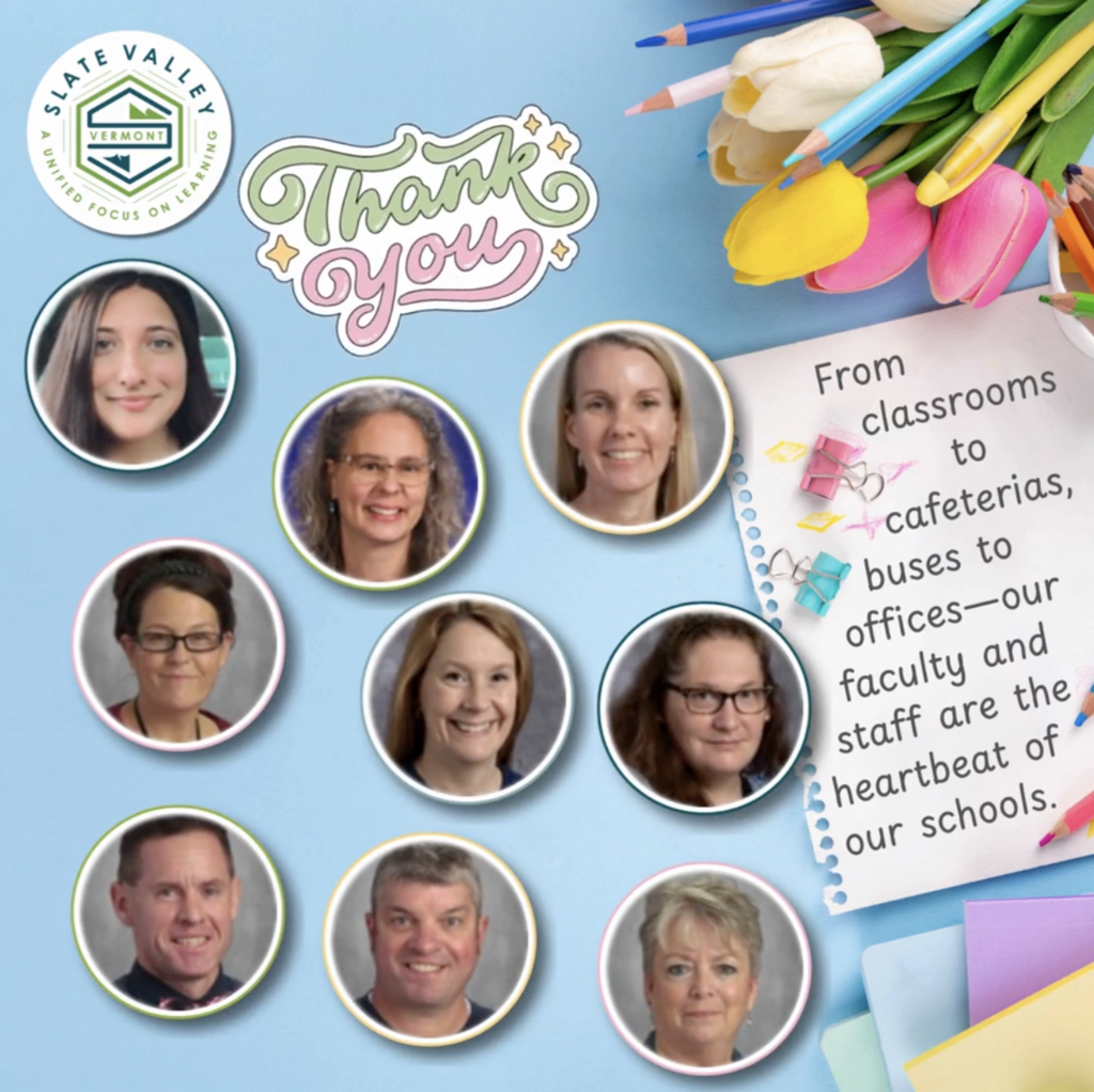 Collage-style graphic with a light blue background featuring photos of several faculty and staff members in circular frames. Decorative elements include colored pencils, tulips, and paper clips. Text reads “Thank you” and a note says, “From classrooms to cafeterias, buses to offices—our faculty and staff are the heartbeat of our schools.”