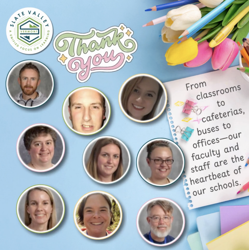 Collage-style graphic with a light blue background featuring photos of several faculty and staff members in circular frames. Decorative elements include colored pencils, tulips, and paper clips. Text reads “Thank you” and a note says, “From classrooms to cafeterias, buses to offices—our faculty and staff are the heartbeat of our schools.”