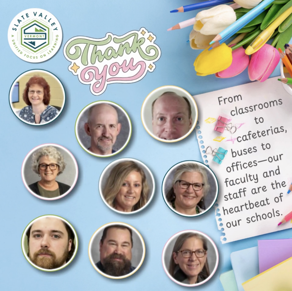 Collage-style graphic with a light blue background featuring photos of several faculty and staff members in circular frames. Decorative elements include colored pencils, tulips, and paper clips. Text reads “Thank you” and a note says, “From classrooms to cafeterias, buses to offices—our faculty and staff are the heartbeat of our schools.”