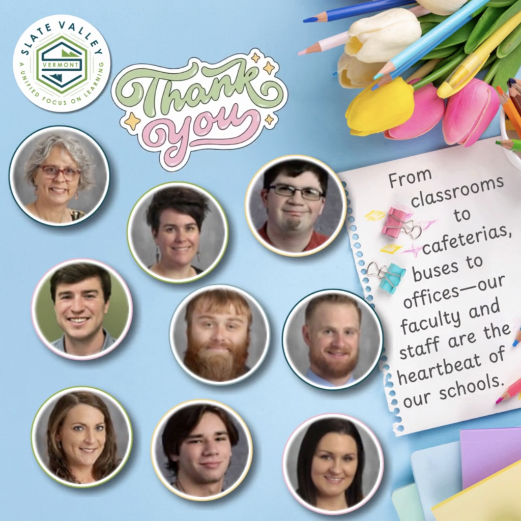 Collage-style graphic with a light blue background featuring photos of several faculty and staff members in circular frames. Decorative elements include colored pencils, tulips, and paper clips. Text reads “Thank you” and a note says, “From classrooms to cafeterias, buses to offices—our faculty and staff are the heartbeat of our schools.”