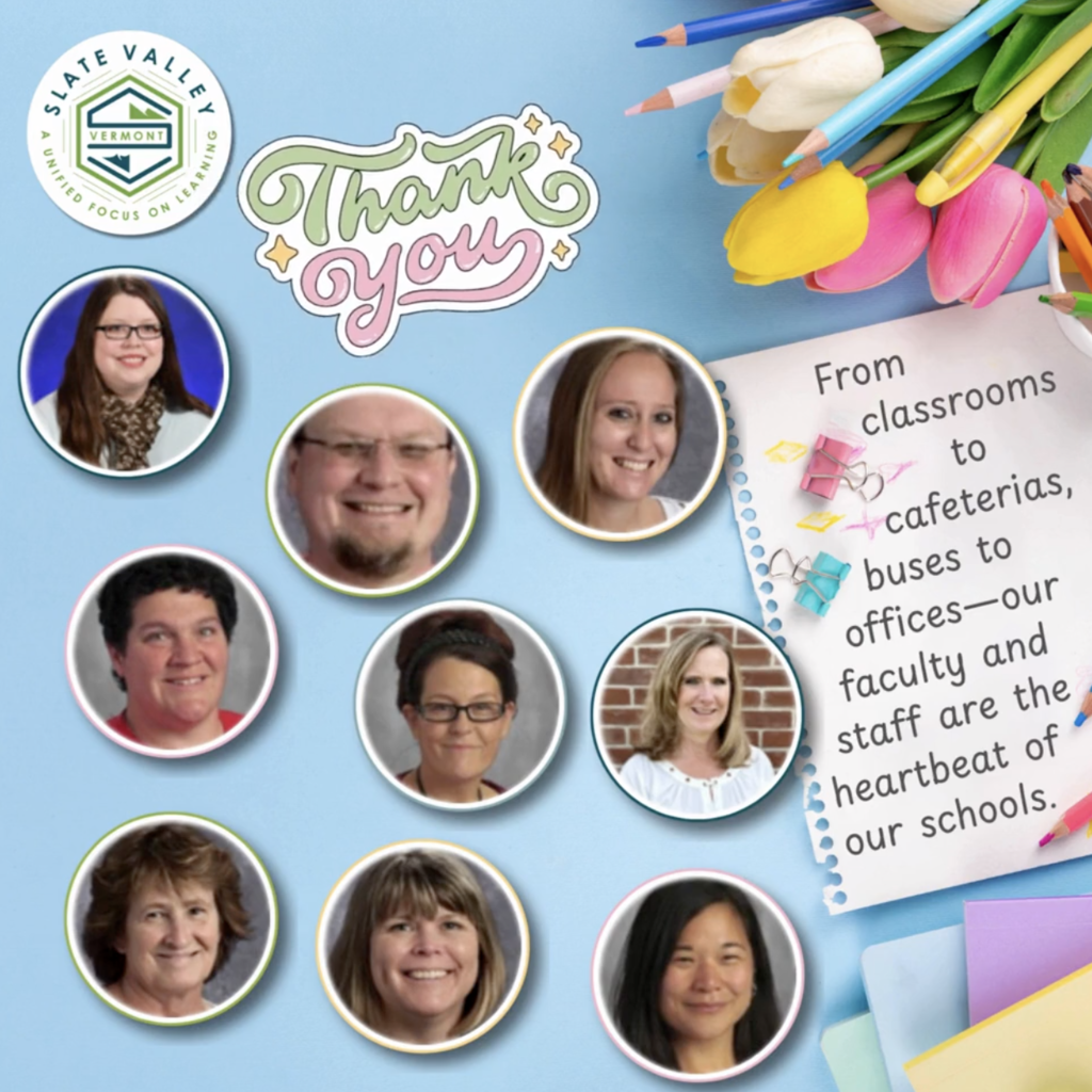 Collage-style graphic with a light blue background featuring photos of several faculty and staff members in circular frames. Decorative elements include colored pencils, tulips, and paper clips. Text reads “Thank you” and a note says, “From classrooms to cafeterias, buses to offices—our faculty and staff are the heartbeat of our schools.”