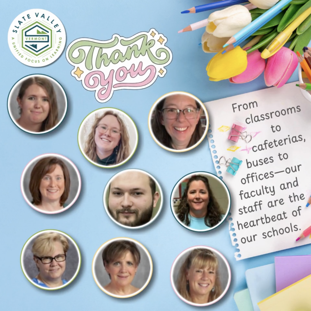 Collage-style graphic with a light blue background featuring photos of several faculty and staff members in circular frames. Decorative elements include colored pencils, tulips, and paper clips. Text reads “Thank you” and a note says, “From classrooms to cafeterias, buses to offices—our faculty and staff are the heartbeat of our schools.”