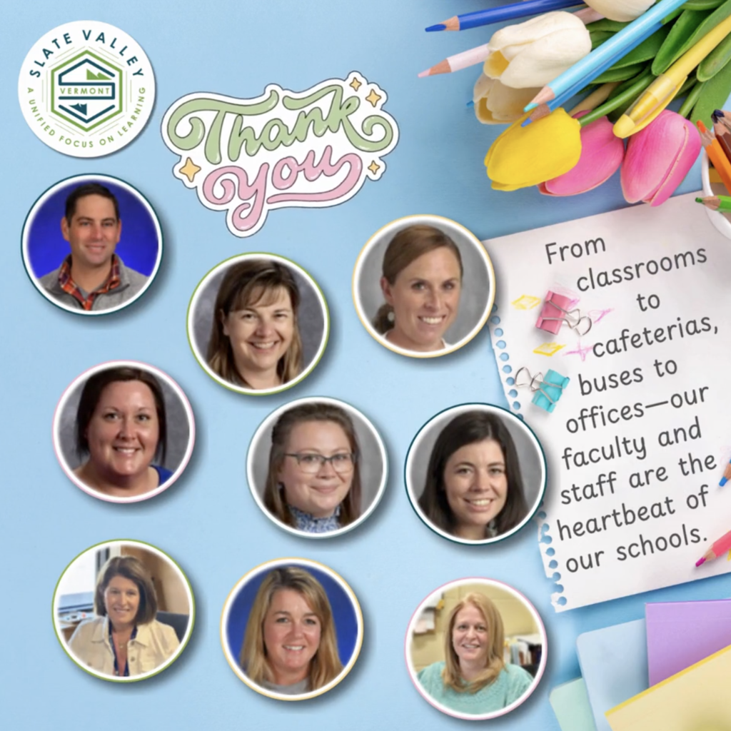Collage-style graphic with a light blue background featuring photos of several faculty and staff members in circular frames. Decorative elements include colored pencils, tulips, and paper clips. Text reads “Thank you” and a note says, “From classrooms to cafeterias, buses to offices—our faculty and staff are the heartbeat of our schools.”