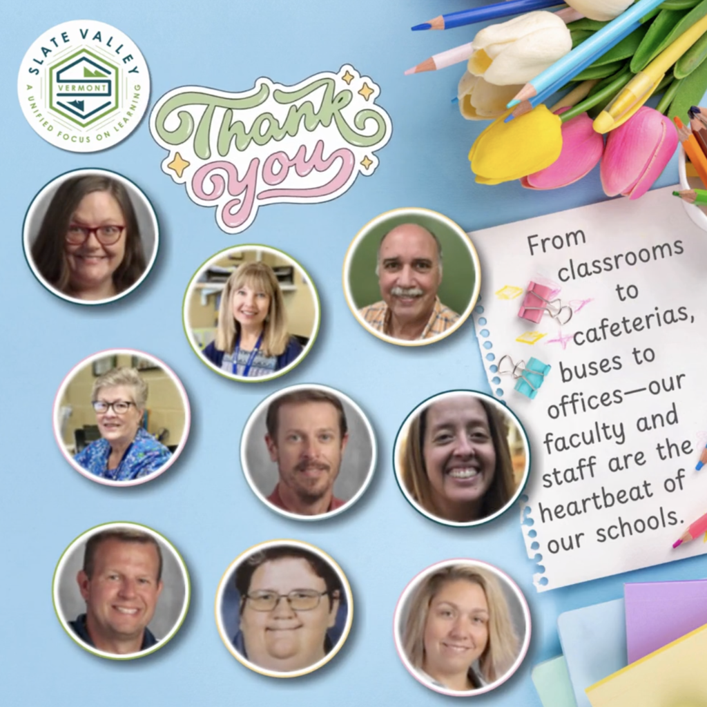 Collage-style graphic with a light blue background featuring photos of several faculty and staff members in circular frames. Decorative elements include colored pencils, tulips, and paper clips. Text reads “Thank you” and a note says, “From classrooms to cafeterias, buses to offices—our faculty and staff are the heartbeat of our schools.”
