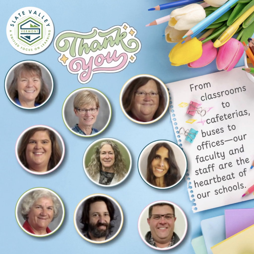 Collage-style graphic with a light blue background featuring photos of several faculty and staff members in circular frames. Decorative elements include colored pencils, tulips, and paper clips. Text reads “Thank you” and a note says, “From classrooms to cafeterias, buses to offices—our faculty and staff are the heartbeat of our schools.”