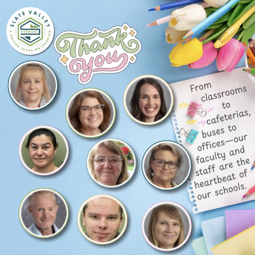 Collage-style graphic with a light blue background featuring photos of several faculty and staff members in circular frames. Decorative elements include colored pencils, tulips, and paper clips. Text reads “Thank you” and a note says, “From classrooms to cafeterias, buses to offices—our faculty and staff are the heartbeat of our schools.”