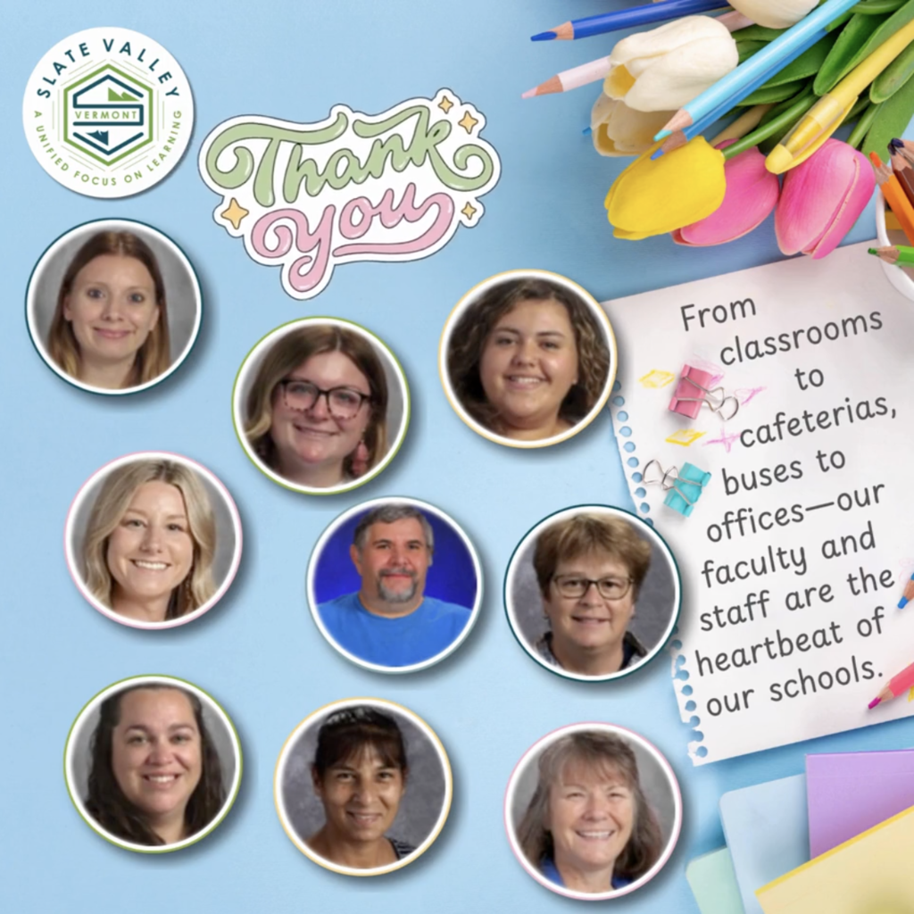 Collage-style graphic with a light blue background featuring photos of several faculty and staff members in circular frames. Decorative elements include colored pencils, tulips, and paper clips. Text reads “Thank you” and a note says, “From classrooms to cafeterias, buses to offices—our faculty and staff are the heartbeat of our schools.”