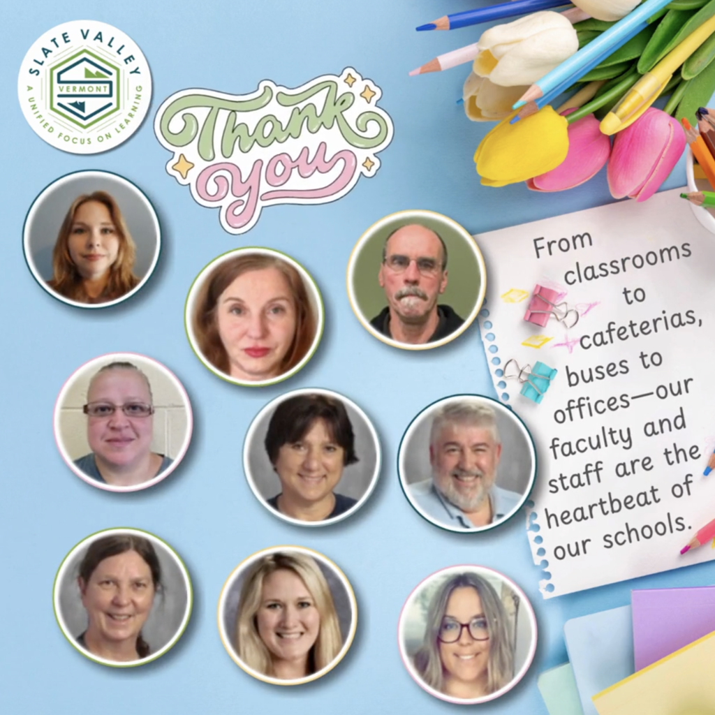 Collage-style graphic with a light blue background featuring photos of several faculty and staff members in circular frames. Decorative elements include colored pencils, tulips, and paper clips. Text reads “Thank you” and a note says, “From classrooms to cafeterias, buses to offices—our faculty and staff are the heartbeat of our schools.”